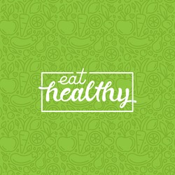 Eat healthy - motivational poster or banner with hand-lettering phrase eat healthy on green background with trendy linear icons and signs of fruits and vegetables - vector illustration