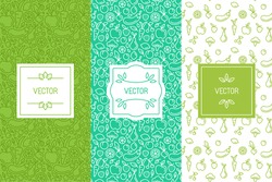 Vector set of design elements, seamless patterns and backgrounds for organic, healthy and vegan food packaging - green labels and emblems for vegetarian products, shops and websites with copy space