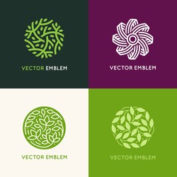 Vector set of abstract green logo design templates - emblems for holistic medicine centers, yoga classes, natural and organic food products and packaging - circles made with leaves and flowers