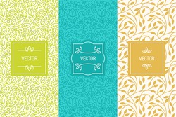 Vector set of packaging design templates, seamless patterns and frames with copy space for text for cosmetics, beauty products, organic and healthy food with green leaves - modern ornaments 