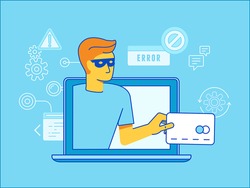 Vector illustration in modern flat linear style - hacker stealing credit card data - email viruses, bank account hacking and fraud concept 