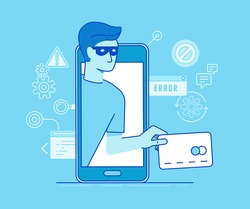 Vector illustration in modern flat linear style - hacker stealing credit card data in the process of mobile payment - email viruses, bank account hacking and fraud concept 