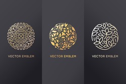 Vector set of logo design templates in trendy linear style with flowers and leaves - signs made with golden foil on black background - luxury products, florist emblems, organic cosmetics packaging 