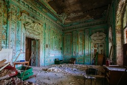 Old abandoned forgotten historical mansion, inside view. Former Philipov manor, Moscow region.