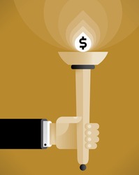 Businessman hand holding abstract torch with lightning dollar symbol. Vintage style illustration. Idea - Business leadership, Business traditions and Success, Relay race of Success concept.