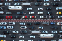 Top view of numerous cars in a traffic jam in Dubai, United Arab Emirates