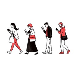 People walking in one line and looking at mobile phone screens - smartphone users set holding gadgets from side view. Flat line art style isolated cartoon vector illustration.