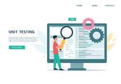 Unit testing web page design with tiny man character checking a computer program with huge magnifier, flat vector illustration. Computer or application software test.