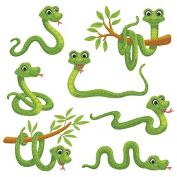 Set of cartoon green snake in various poses. Cute smiling animals, funny reptile of wild tropical nature. Flat vector isolated illustrations for kids design.