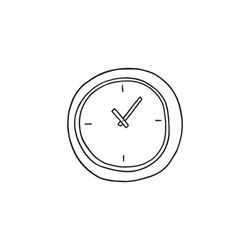 Wall clock face hand drawn icon or symbol, doodle style vector illustration isolated on white background. Circle clock, hand watch or interior timepiece sign.