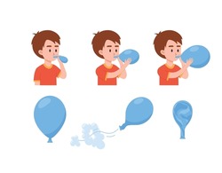 Little boy inflates balloon, rubber balloon blowing process - flat vector illustration isolated on white background. Kid playing with inflatable balloon.