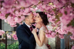 
bride and groom in blooming sakura
