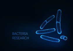  Microscopic bacilli bacteria  acidophilus, salmonella, lactobacillus.  Probiotics. Microbiology research concept. Futuristic low polygonal wireframe design, lines network. Vector illustration.  