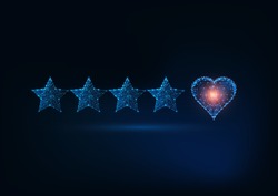 Best quality excellent customer service concept. Futuristic glowing low polygonal five stars rating with love heart isolated on dark blue background. Modern wire frame design vector illustration. 