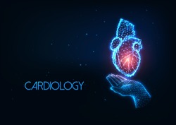 Futuristic Cardiology concept with glowing low polygonal human hand holding heart organ hologram on dark blue background. Modern wire frame mesh design vector illustration. 