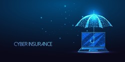 Futuristic cyber insurance, cyber security concept with glowing low polygonal umbrella and laptop 