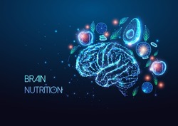 Brain nutrition, biohacking concept with human brain and healthy food in futuristic style on blue 