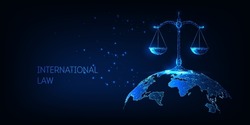 International law concept with scales and Earth map in futuristic glowing style on dark blue 