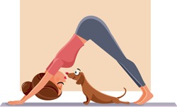 Funny Girl Exercising Next to Her Dog on Yoga Mat. Woman doing Pilates next to her pet friend stretching together
