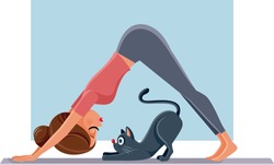 Funny Girl Exercising Next to Her Cat on Yoga Mat. Woman doing Pilates next to her pet friend stretching together
