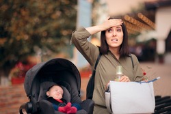 Forgetful Mother Holding Baby Bag Traveling  with Newborn. Stressed mom remembering she forgot formula home

