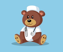 Cartoon Doctor Teddy Bear with Stethoscope. Cute funny stuffed animal toy wearing a scrub 
