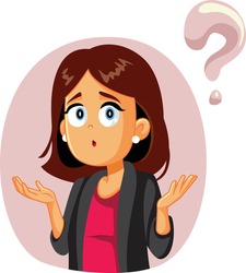 Funny Business Woman Having Questions Vector Illustration. Female entrepreneur shrugging and having doubts about the future
