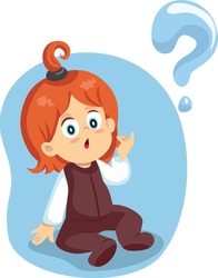Little Toddler Girl Having Questions Vector Illustration. Cute little child thinking and wondering as consequence of brain development and education
