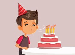 Little Birthday Boy Blowing Candles on a Cake Vector Illustration. Cheerful child attending surprised anniversary party and celebrating with red velvet cake
