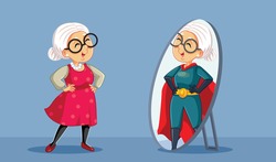 Grandma Seeing a Super Powerful Woman in the Mirror Reflection. Strong elderly woman feeling confident and strong seeing herself in the mirror
