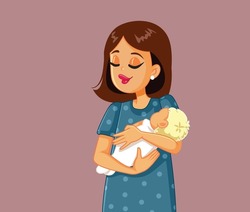 Happy Mom Holding Infant Newborn Baby Vector Cartoon. Mother and baby embracing and bonding together 
