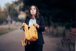
Funny Woman Looking in Her Messy Backpack Not Finding Keys. Office worker forgetting or losing, personal stuff
