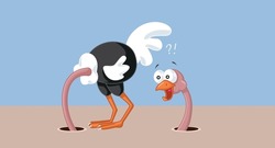 
Funny Ostrich Looking at his Own Back Vector Cartoon. Foolish bird having a dead-end circular strategy sticking the head in the sand
