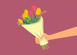 
Hand Holding Beautiful Floral Bouquet Vector Cartoon Illustration. Polite gesture of offering flowers on special occasion 
