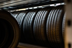 A new tire is placed on the tire storage rack in the tire industry. Be prepared for vehicles that need to change tires.