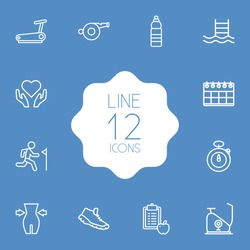 Set Of 12 Training Outline Icons Set.Collection Of Trekking Shoes, Diet, Exercise Bike And Other Elements.