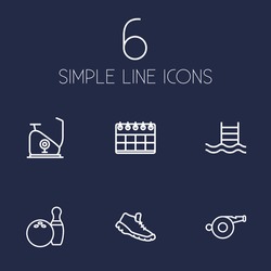 Set Of 6 Training Outline Icons Set.Collection Of Exercise Bike, Calendar, Bowling And Other Elements.
