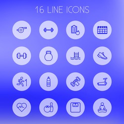 Set Of 16 Fitness Outline Icons Set.Collection Of Barbell, Calendar, Scales And Other Elements.