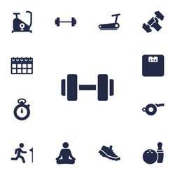 Set Of 13 Fitness Icons Set.Collection Of Barbell, Dumbbell, Sneakers And Other Elements.