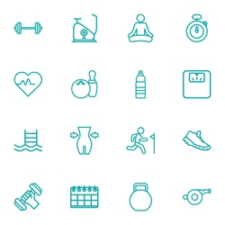 Set Of 16 Fitness Outline Icons Set.Collection Of Scales, Pool, Stopwatch And Other Elements.