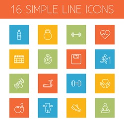 Set Of 16 Bodybuilding Outline Icons Set.Collection Of Water Bottle, Health Care, Trekking Shoes And Other Elements.