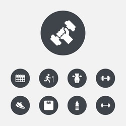 Set Of 9 Fitness Icons Set.Collection Of Slimming, Barbell, Dumbbell And Other Elements.