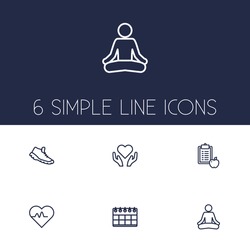 Set Of 6 Training Outline Icons Set.Collection Of Yoga, Health Care, Trekking Shoes And Other Elements.