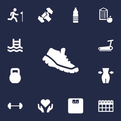 Set Of 13 Fitness Icons Set.Collection Of Date, Drink, Bodybuilding And Other Elements.