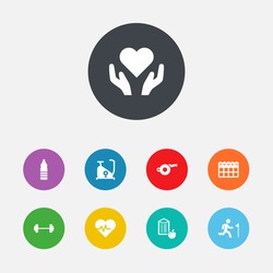Set Of 9 Fitness Icons Set.Collection Of Blower, Heartbeat, Training Bicycle And Other Elements.