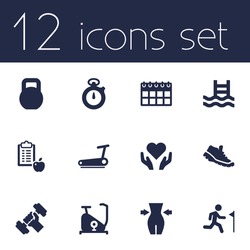 Set Of 12 Training Icons Set.Collection Of Training Bicycle, Running, Basin And Other Elements.