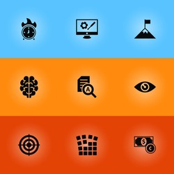 Set Of 9 Idea Icons Set.Collection Of Time In Fire, Goal, Document Checking And Other Elements.