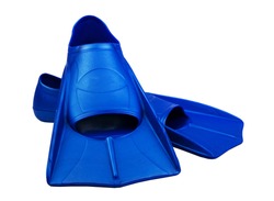 Fins are isolated on a white background. Flippers. Open toe and closed heel for professional swimming and training. Shortened blue flippers.