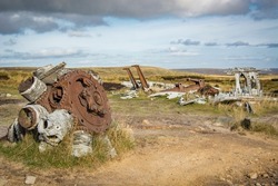 Abandoned B29 WW2 USA Army American US Airforce bomber plane Overexposed crash site Bleaklow Moor rusty aircraft engine parts aeroplane superfortress wreckage strewn across Peak District landscape sky