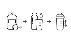 Instruction for making protein whey shake. Three steps to get finished cocktail from dry powder. Linear icon for packaging design. Contour isolated vector illustration for sports food for bodybuilding